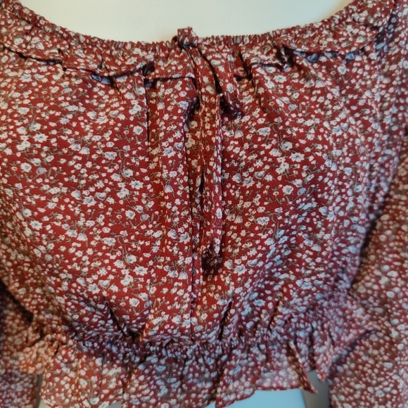 Burgundy Long Sleeve Floral Crop Top - Picture 6 of 6